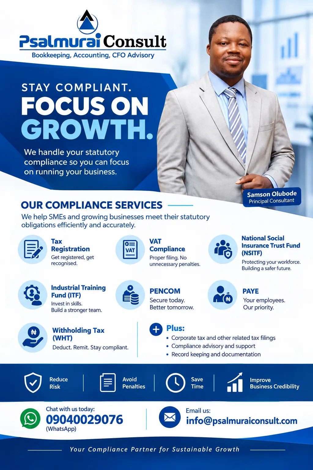 Our compliance services includes
1. Tax ID registration
2. Company Income Tax (CIT)
3. VAT filings...