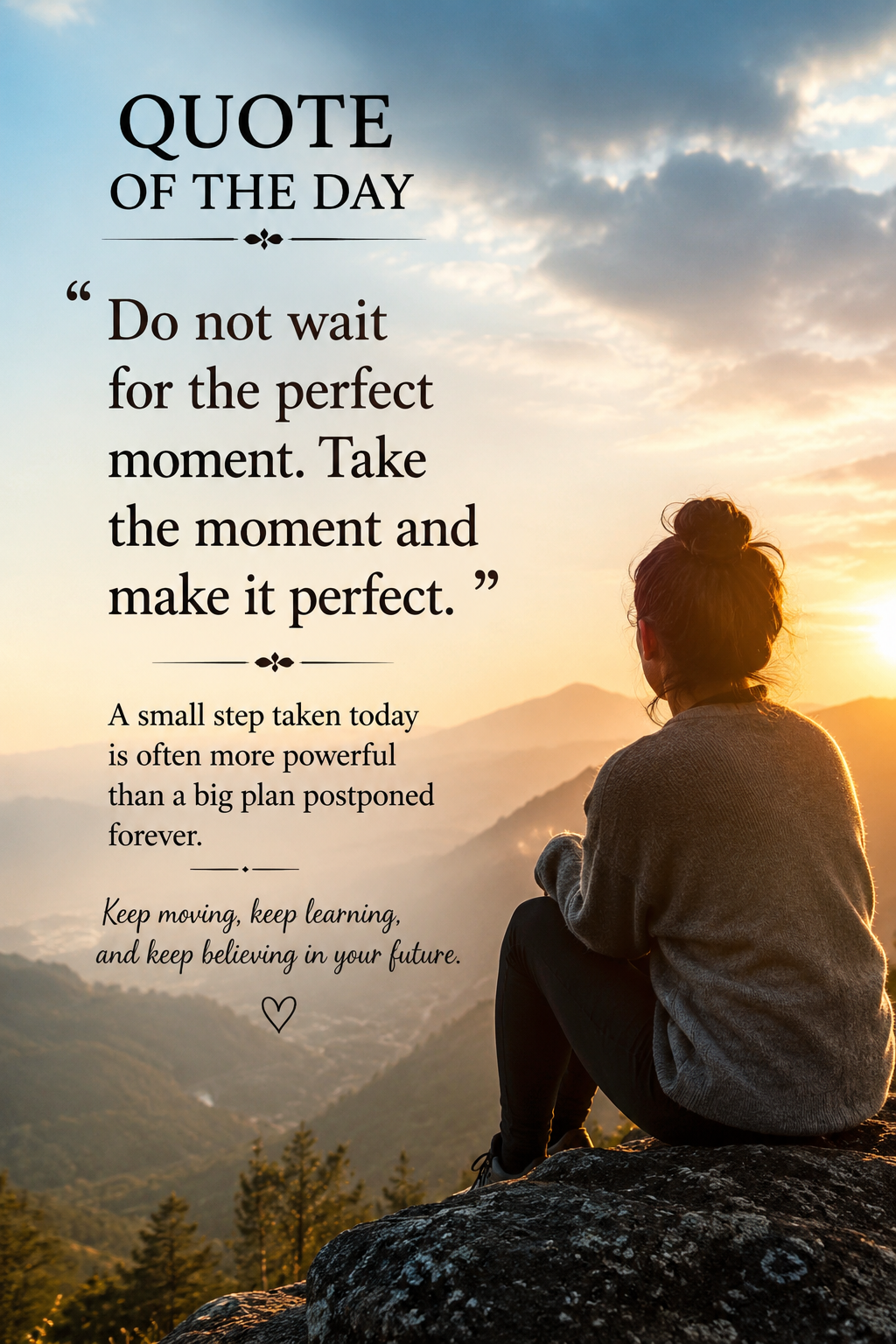 Do not wait for the perfect moment. Take the moment and make it perfect.”
A small step taken today...