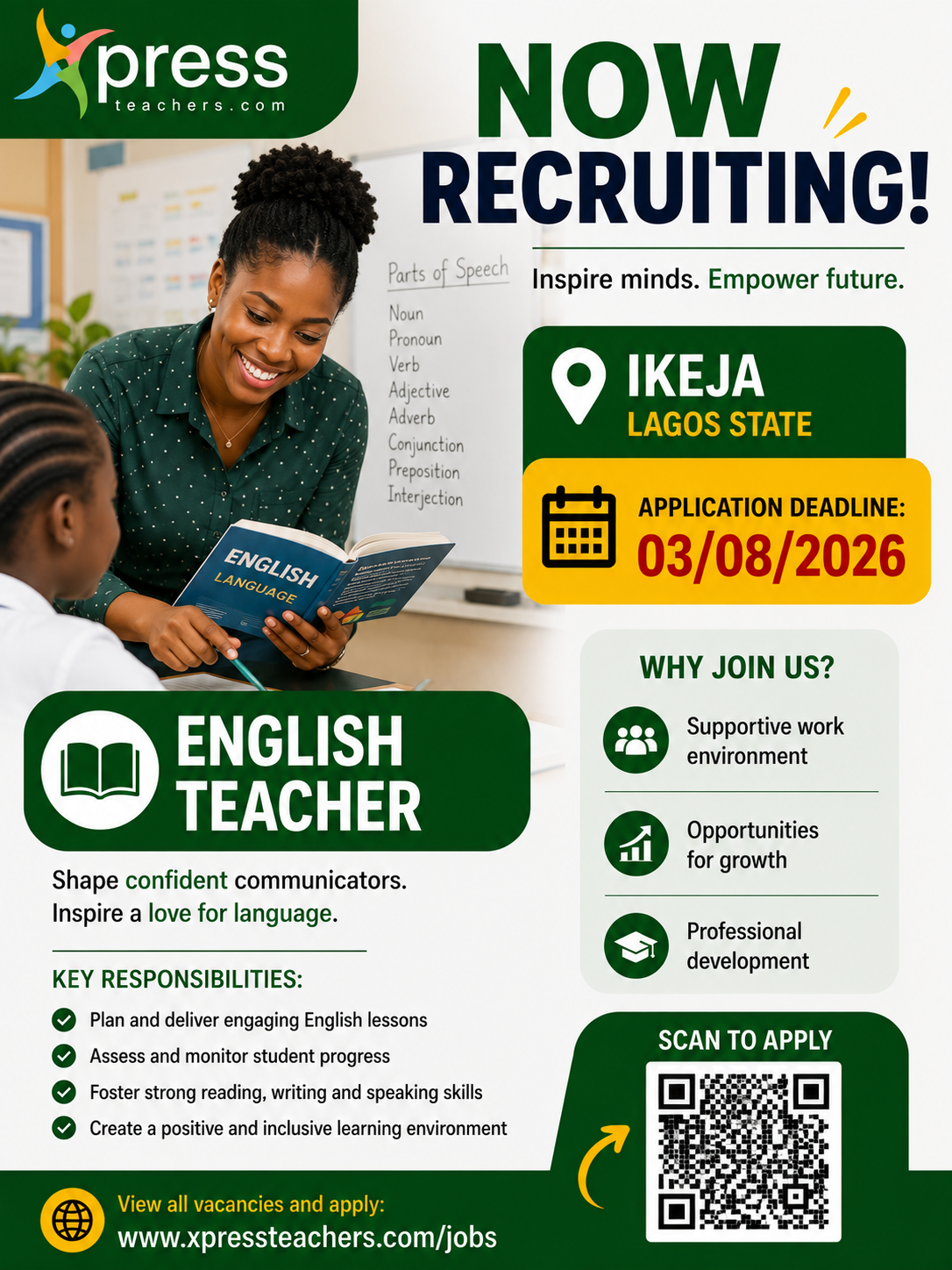 Inspire a love for language! We're recruiting an English Teacher in Ikeja. Apply before 03/08/2026....