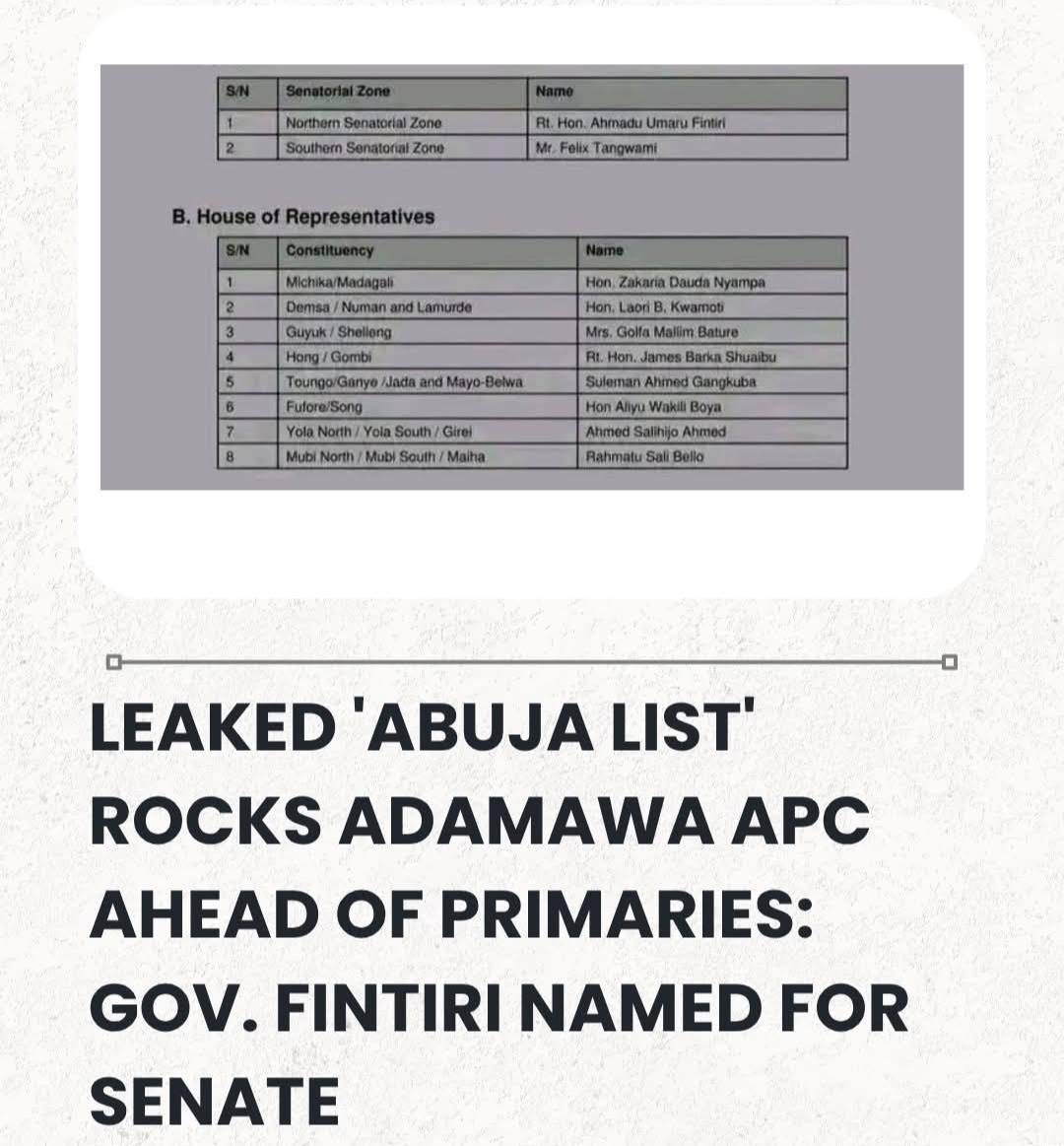 Leaked 'Abuja List' Rocks Adamawa APC Ahead Of Primaries: Gov. Fintiri Named For Senate, Grace Bent’...