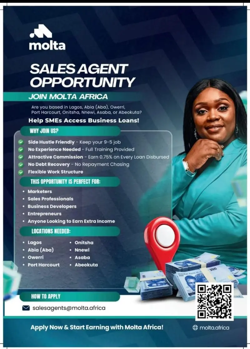 We're Hiring: Become a Molta Africa Reseller Agent
Are you based in Lagos, Uyo,Owerri, Asaba, Onits...
