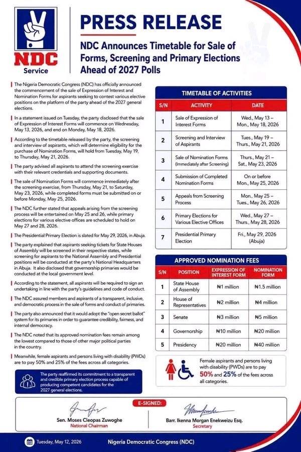 BREAKING NEWS:
The NDC has fixed its presidential nomination form at ₦60 million and announced that...