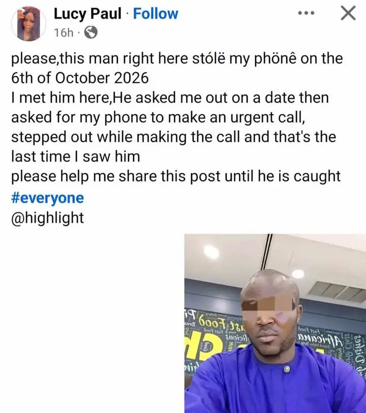 Woman Accuses Man Of Stealing Her Phone,
A woman has gone online to beg for help in finding a man s...