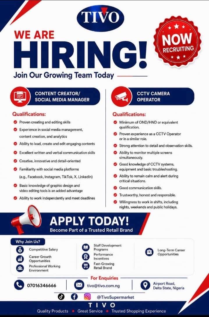 JOB VACANCY AT TIVO SUPERMARKET
TIVO is hiring! Join our growing team today.
Vacancies:
1. Content...