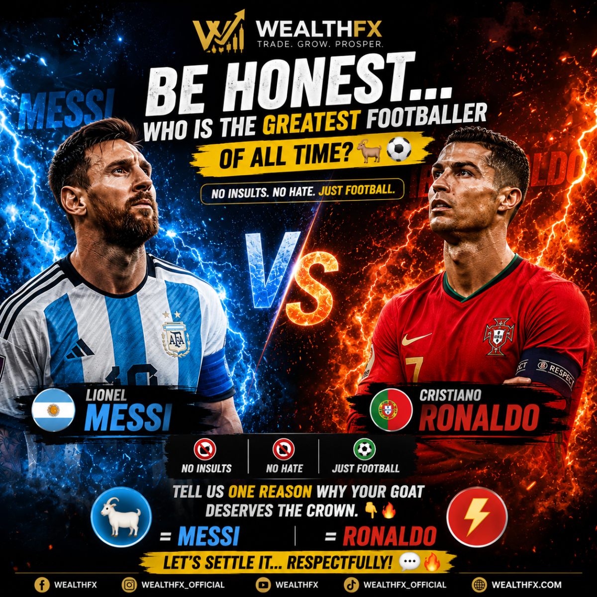 ๐ฅ MESSI ๐ or RONALDO โก? The GOAT debate continues!
Be honest... Who is the greatest footballer of...