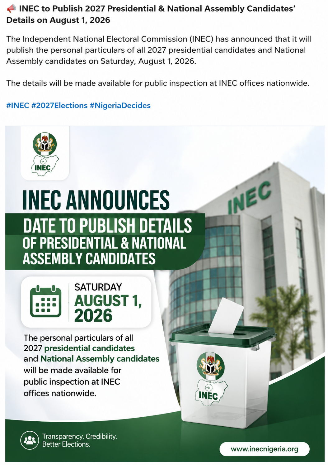 ๐ณ๏ธ 2027 Election Update!
INEC has announced that it will publish the personal particulars of all Pre...