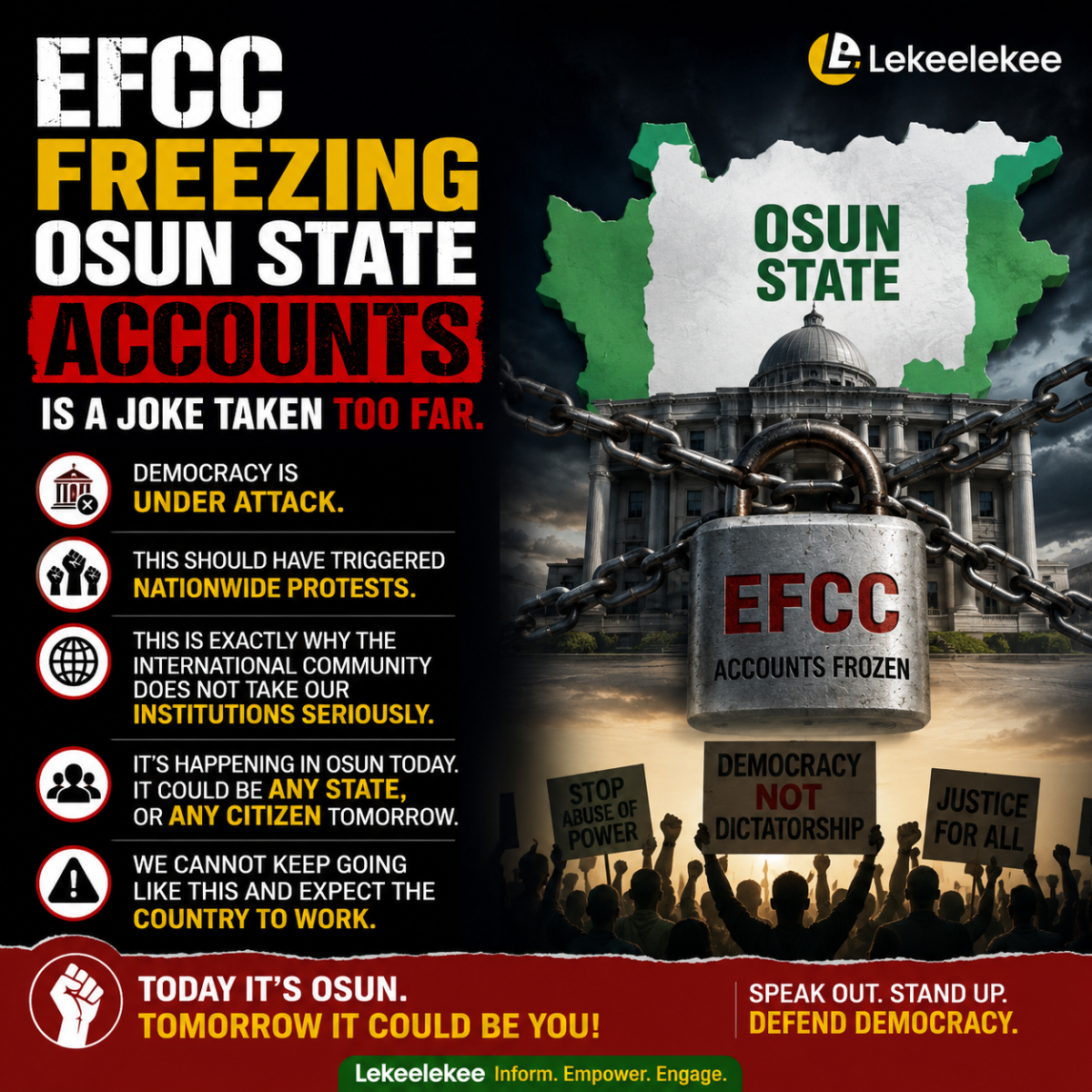 EFCC freezing Osun State accounts is a joke taken too far. Democracy is under attack. This should ha...