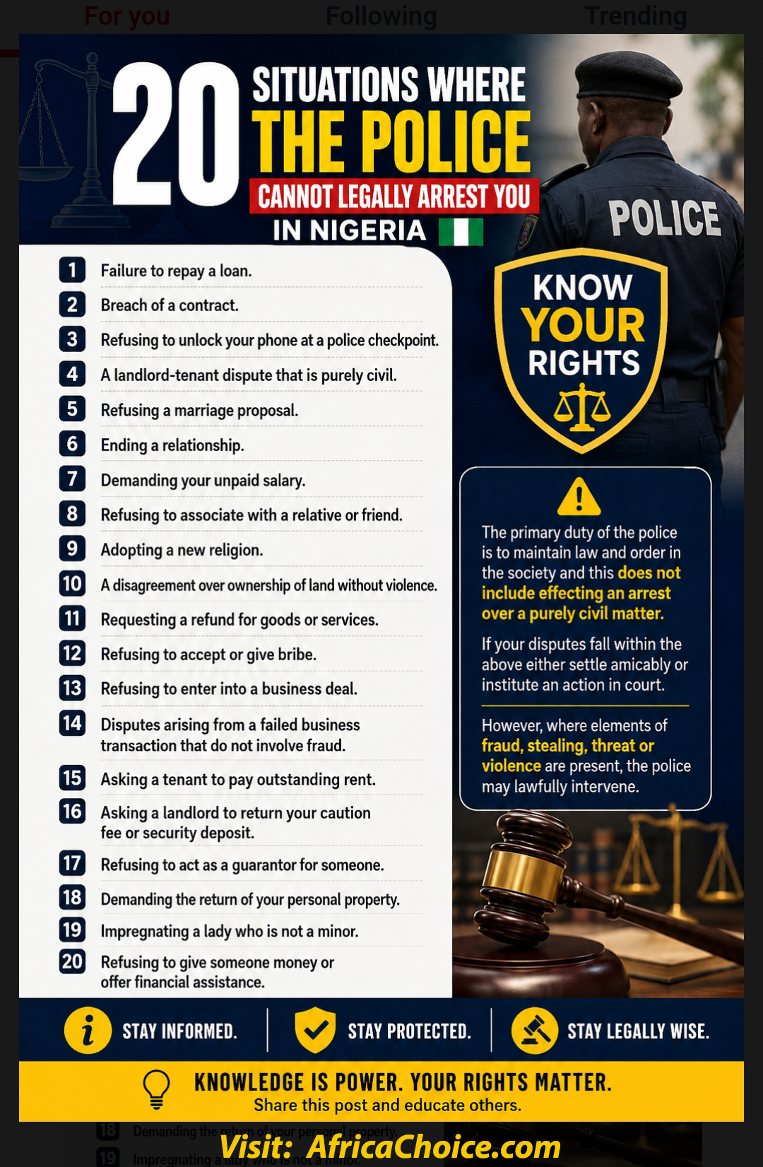 Here Are 20 Situations Where The Police Cannot Legally Arrest You In Nigeria
1: Failure to Repay a...