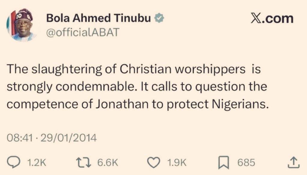 In January 2014, opposition politician Bola Tinubu posted this tweet about President Jonathan. Scree...