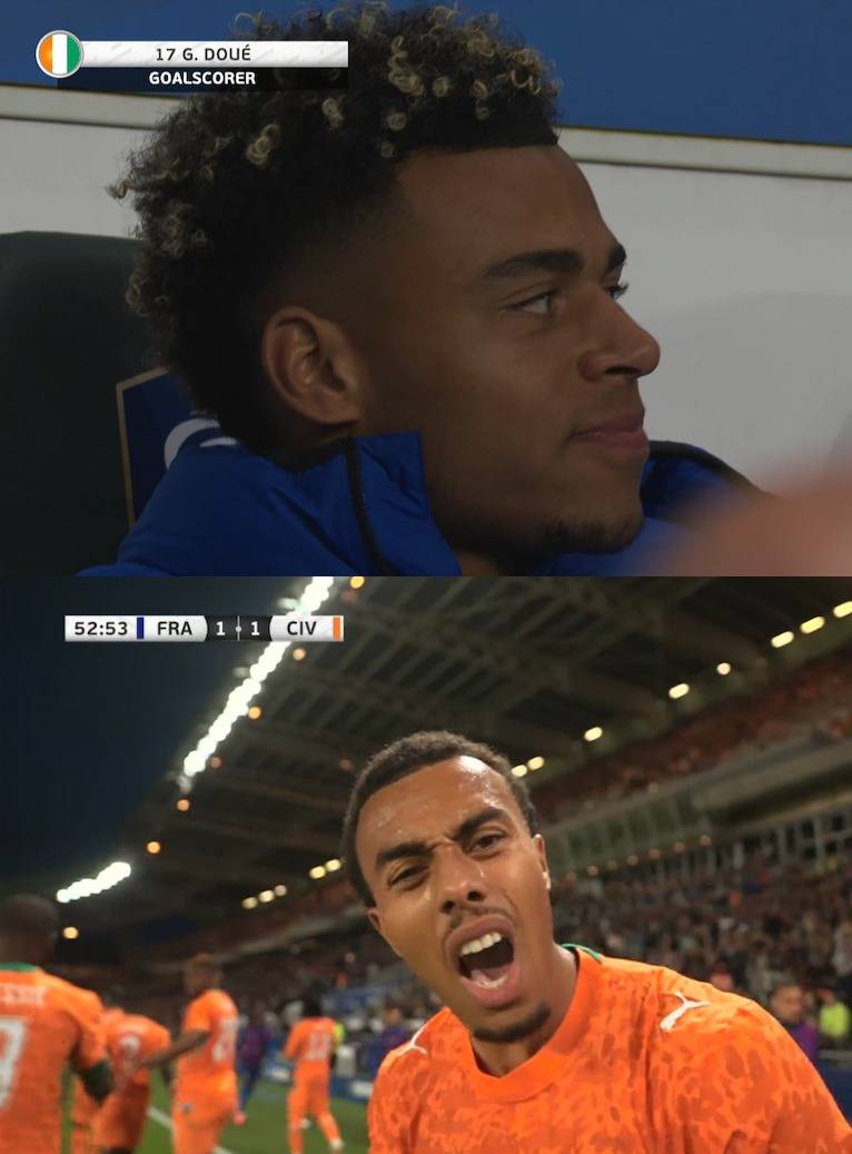 🚨 𝗡𝗘𝗪: Desiré Doué watching his brother Guéla Doué score for Ivory Coast against his country!