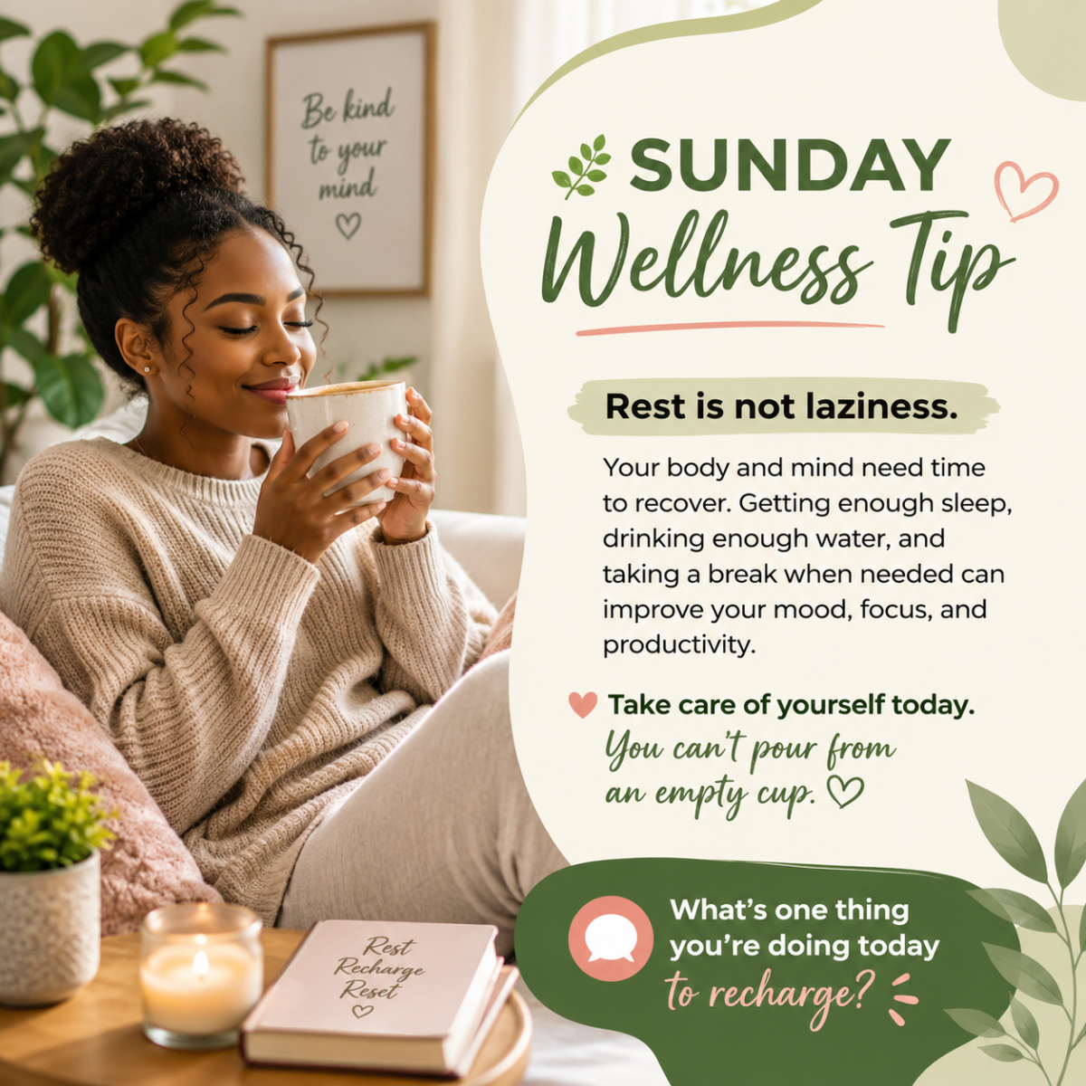 Sunday Wellness Tip π
Rest is not laziness.
Your body and mind need time to recover. Getting enough...