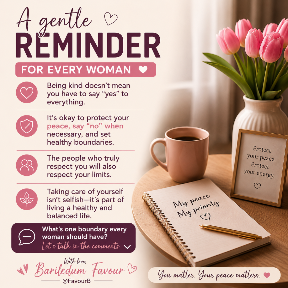 A gentle reminder for every woman π
Being kind doesn't mean you have to say "yes" to everything.
It...