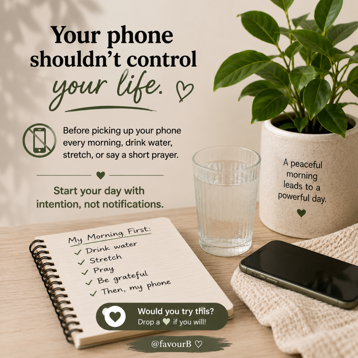 Your phone shouldn't control your life. ๐ฑ
Before picking up your phone every morning, drink water,...