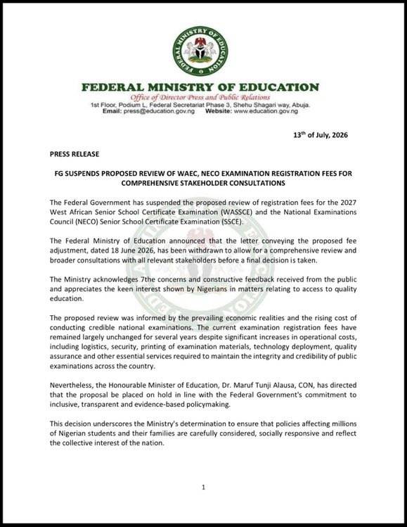BREAKING: SUSPENSION OF PROPOSED INCREASED WAEC/NECO FEES
The Federal Ministry of Education calls f...