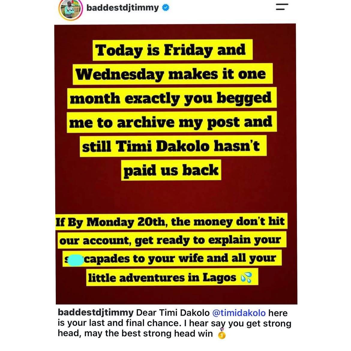 JUST IN: DJ Timmy calls out singer Timi Dakolo. Vows to make him explain certain things done in some...