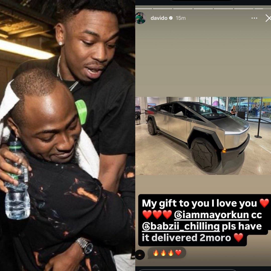 BREAKING: Davido has gifted Mayorkun a brand new cyber truck.๐ฅ๐ฅ
OBO.. you do this one!!!