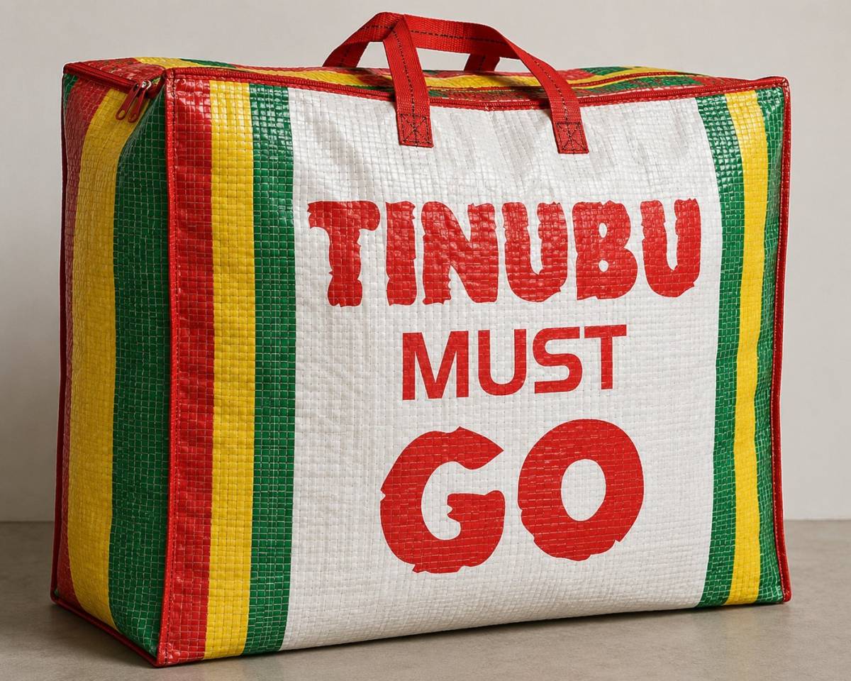 JUST IN: AAC Presidential Candidate Omoyele Sowore creates a "TINUBU MUST GO BAG" displaying it duri...