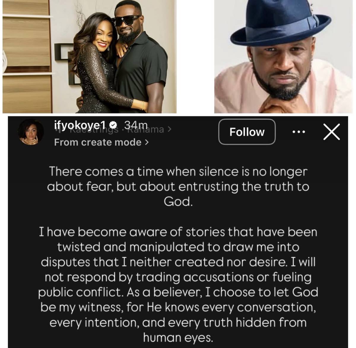 "Let God be my witness."
~ Jude Okoye's wife Ify reacts after brother-in-law Peter Okoye fresh alle...