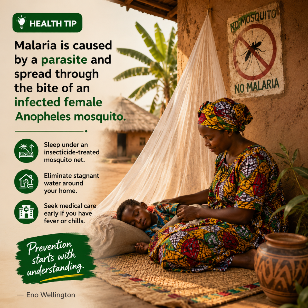 Health Tip:
Malaria doesn't spread from person to person through handshakes, hugs, or sharing food...