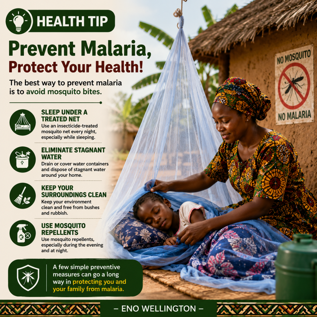 Health Tip:
The best way to prevent malaria is to avoid mosquito bites. Sleep under an insecticide...