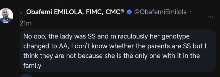 @ObafemiEmilola
Thanks for sharing. However, a person's genotype does not change from SS to AA nat...