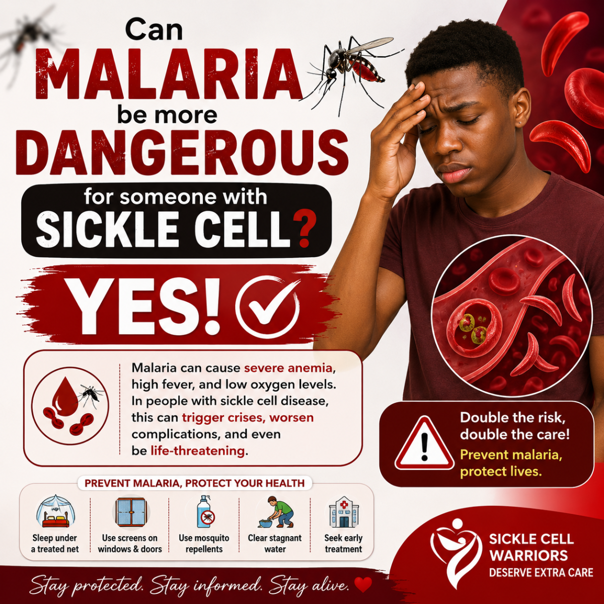 🦟 Can malaria be more dangerous for someone with sickle cell?

✅ YES.

Malaria can trigger sickle...