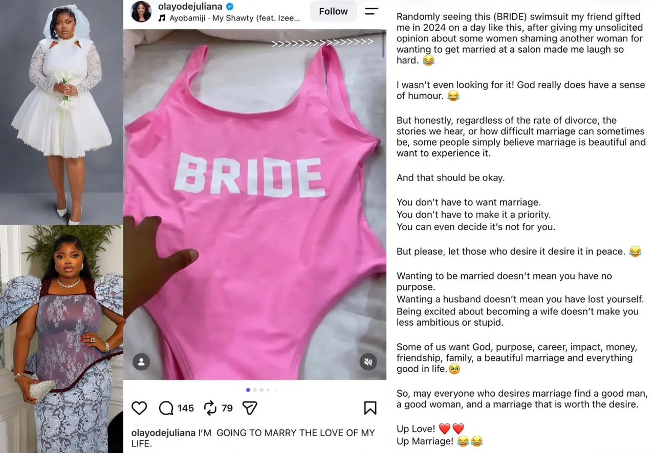 Juliana Olayode speaks out against marriage-shaming, declaring that desiring a husband doesn't mean...