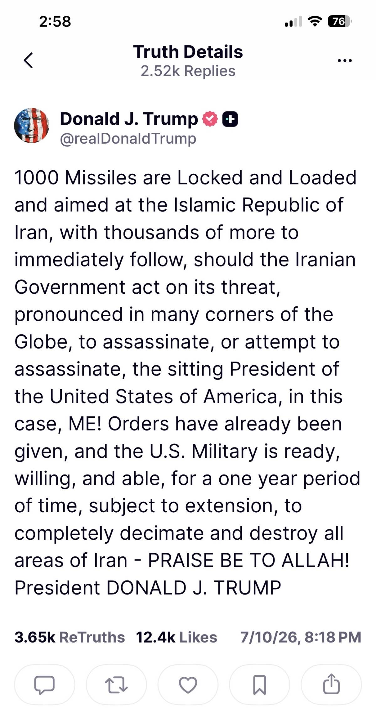 The president posted a warning ‘US would 'decimate and destroy' Iran over assassination attempt’ on...