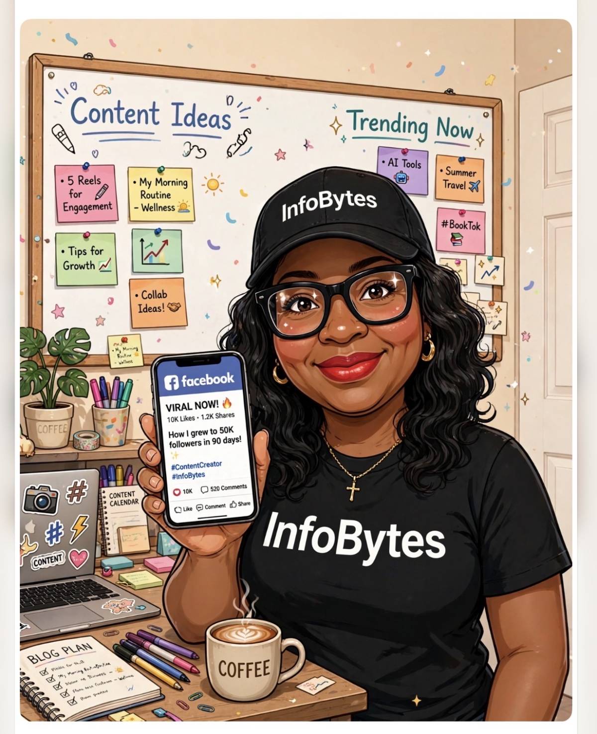This is me: The Blogger with the InfoBytes cap, The Woman with the Holy Bible that says Grace & Purp...