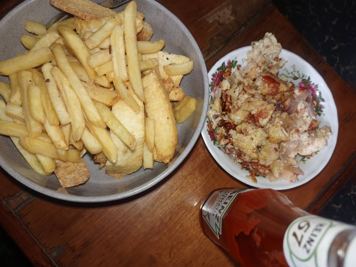 π fries, fried yam, ketchup and fried egg, join me for lunch