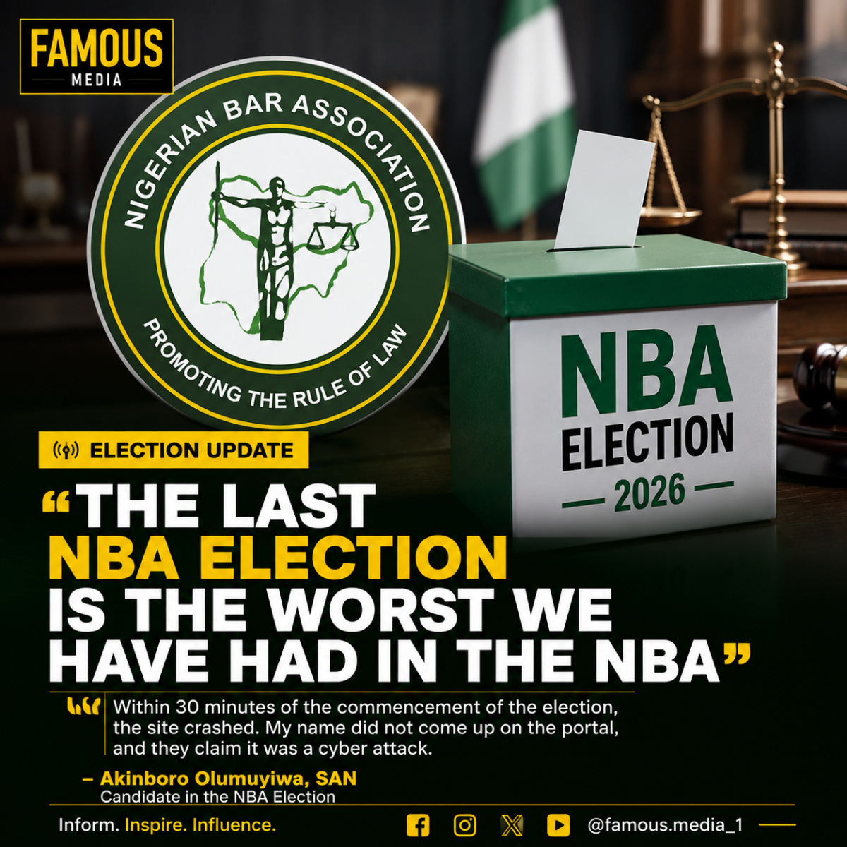 π¨ NBA ELECTION CONTROVERSY: SAN AKINBORO OLUMUYIWA SLAMS VOTING PROCESS
Senior Advocate of Nigeria...