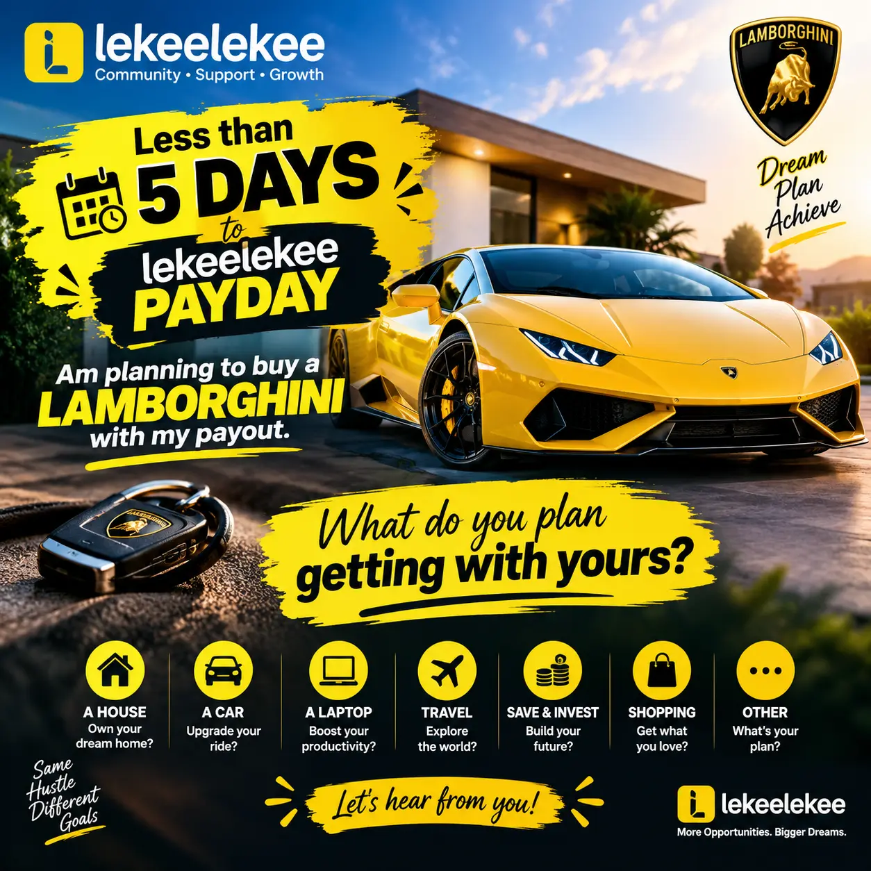 Less than 5 days to lekeelekee payday. Am planning to buy a Lamborghini with my payout. What do you...