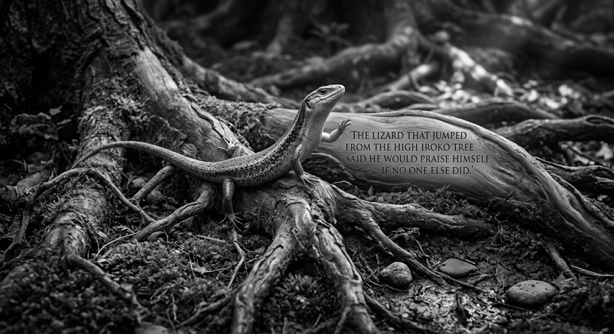 "The lizard that jumped from the high iroko tree said he would praise himself if no one else did."...