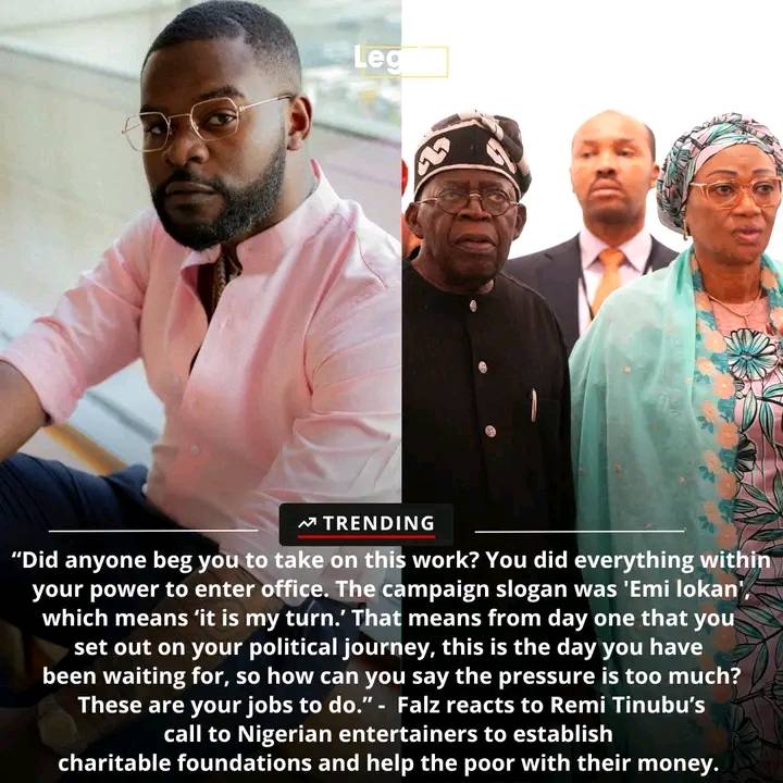 Singer Falz has come out swinging against First Lady Remi Tinubu after she urged Nigerian entertaine...