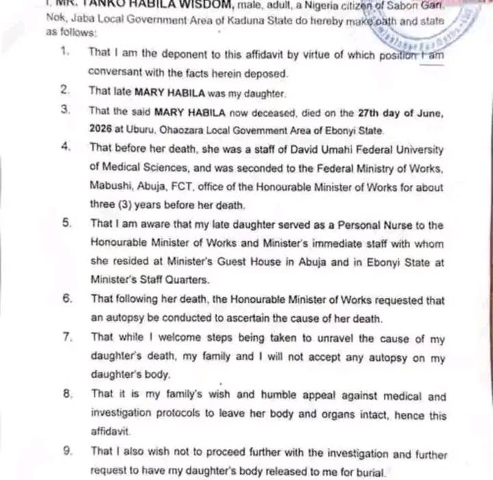 AFFIDAVIT REVEALS WHY FAMILY REJECTED AUTOPSY, ASKED POLICE TO DROP PROBE INTO NURSE’S DEATH AT UMAH...