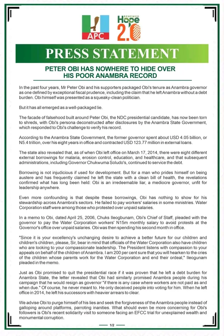 PRESS STATEMENT

PETER OBI HAS NOWHERE TO HIDE OVER HIS POOR ANAMBRA RECORD

In the past four years,...