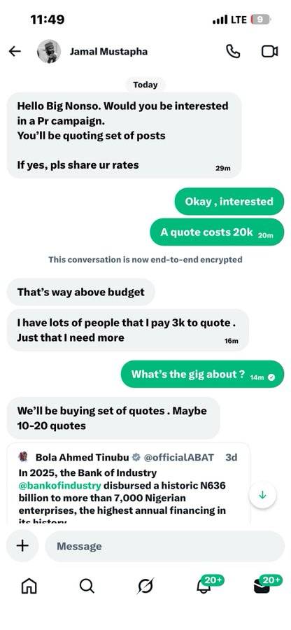 As seen on Twitter (X)
Apc beg people via DM to do PR for balanlu.
Not even with a million dollar...