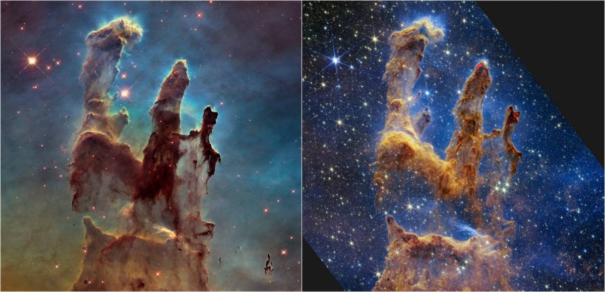 These pictures of the Pillars of Creation were taken 19 years apart by different telescopes, with ea...