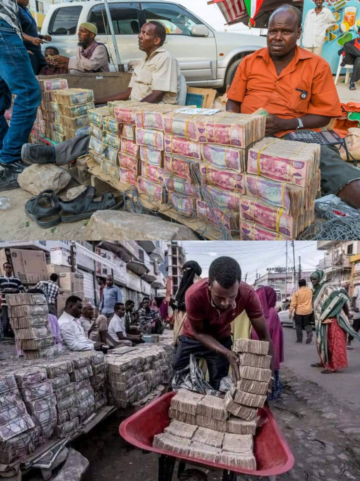 The photos depict Hargeisa's open-air forex market in Somaliland, where devalued local shillings (1...