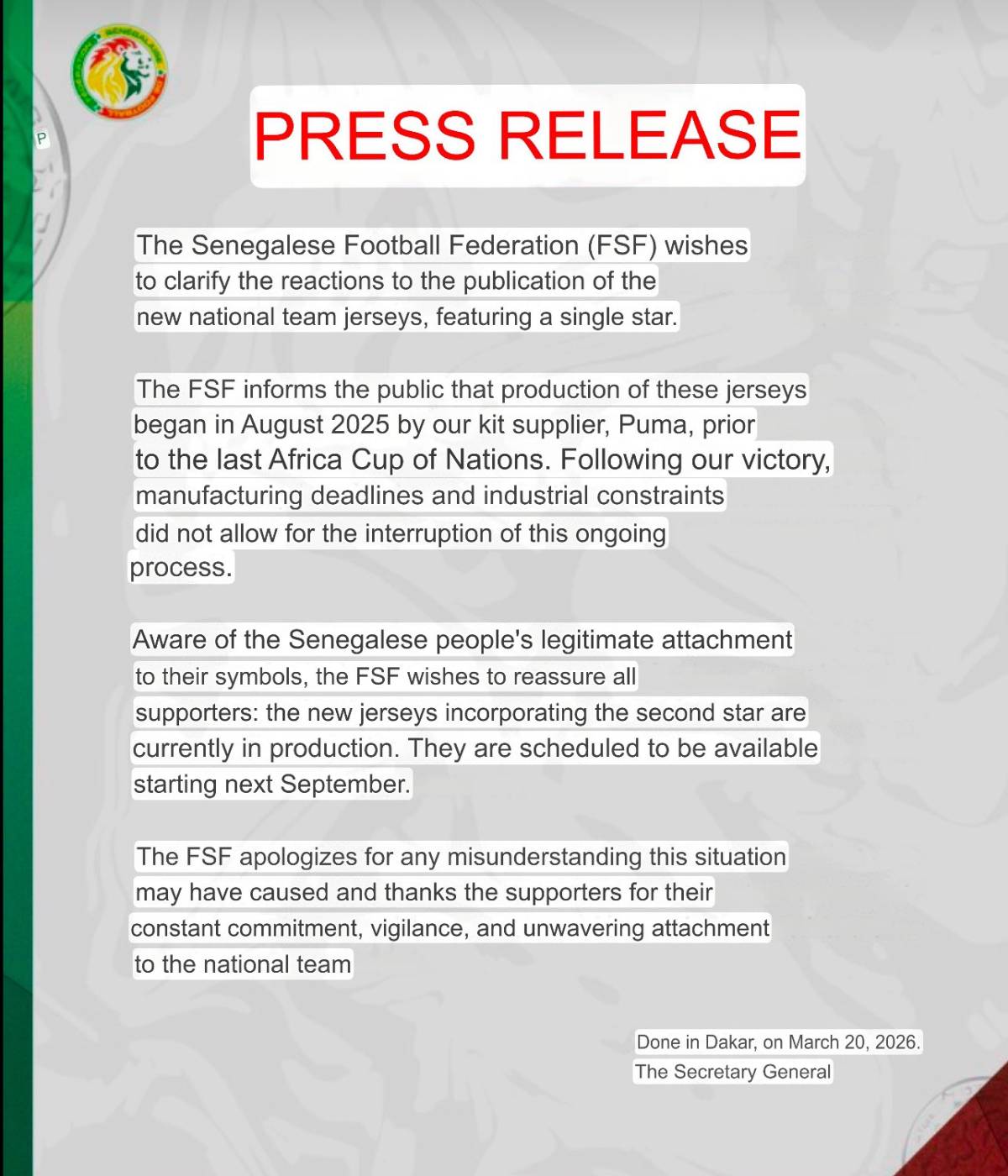 BREAKING: 
The Senegalese Football Federation (FSF) press release