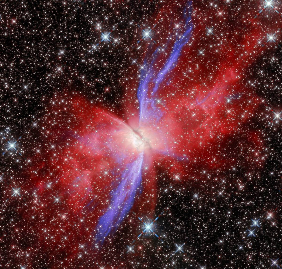 This stunning near-infrared view of the Butterfly Nebula (NGC 6302) looks more delicate than in visi...
