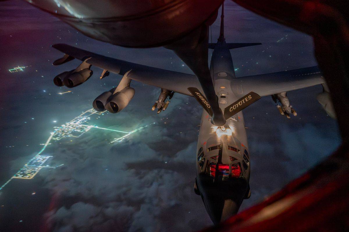 OPERATION EPIC FURY: A U.S. B-52 bomber is seen refueling during a combat flight supporting Operatio...