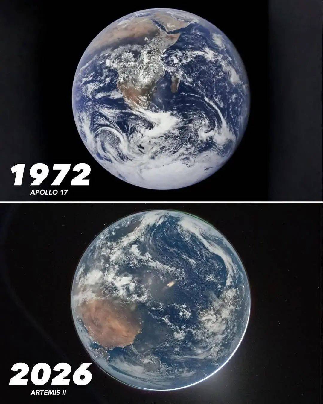 Photos of Earth taken by NASA 50 years apart. Apollo 17 (1972) vs. Artemis II (2026)