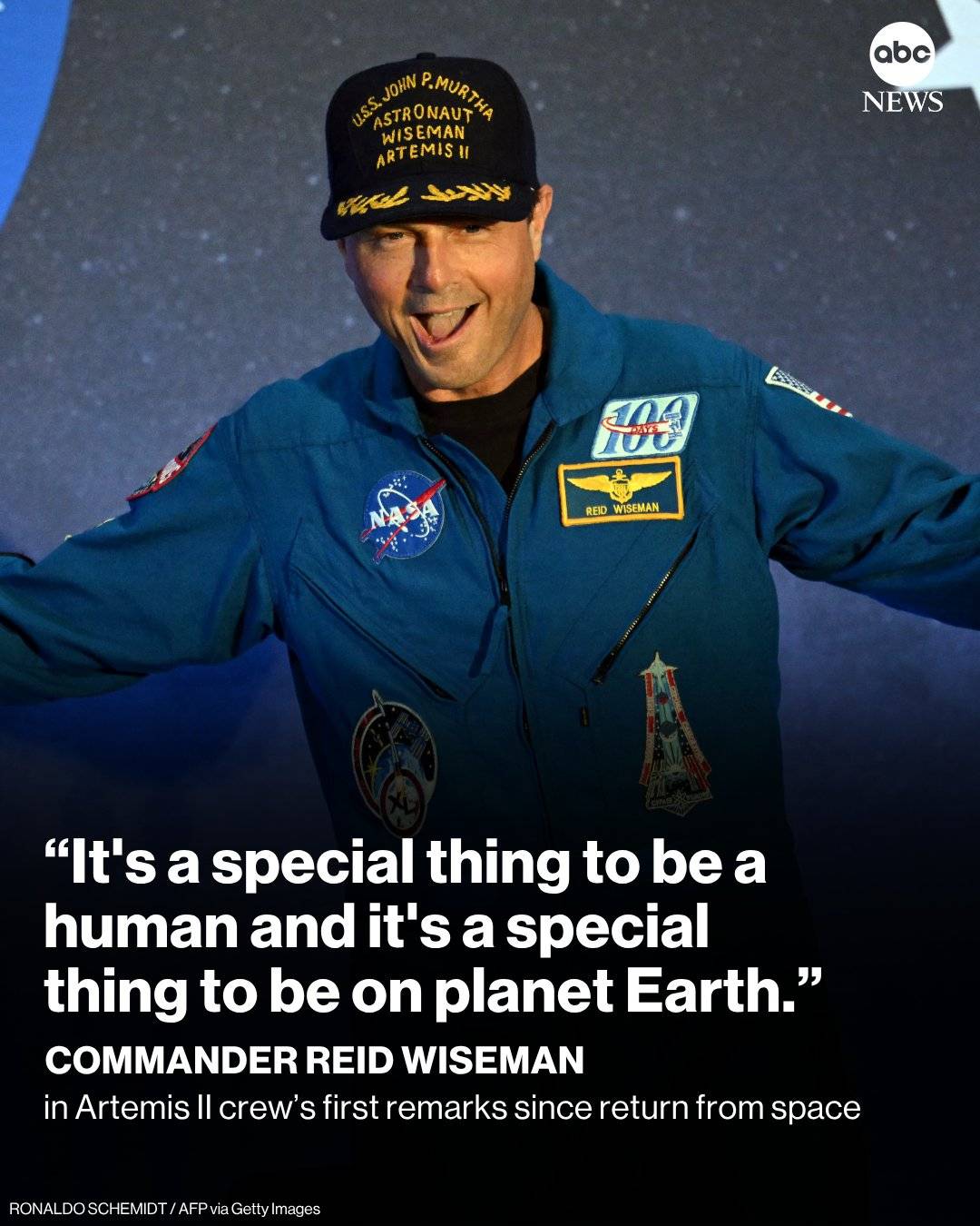 Artemis II Commander Reid Wiseman thanked the Artemis II crew during their first public appearance s...