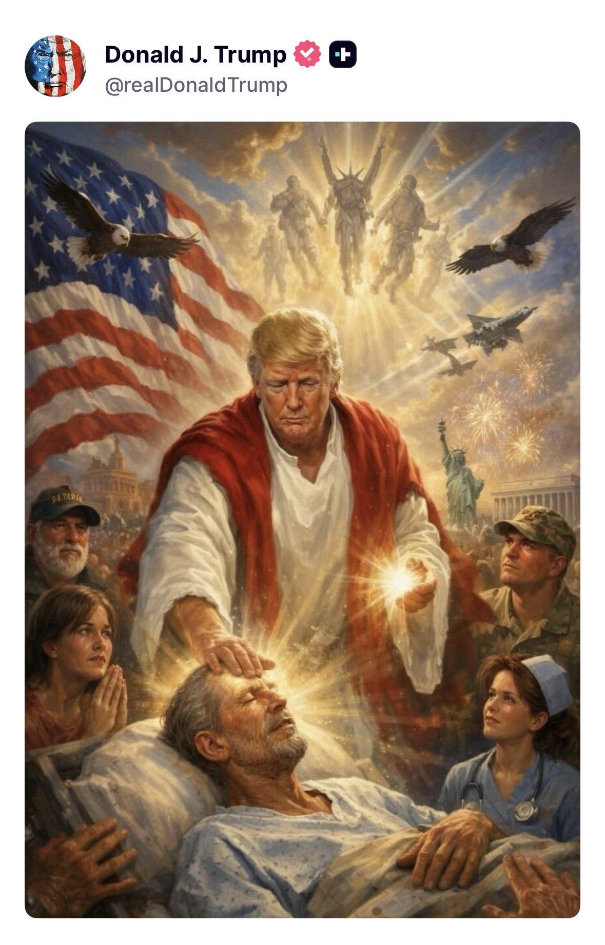 JUST IN: πΊπΈ President Trump posts image portraying himself as Jesus Christ