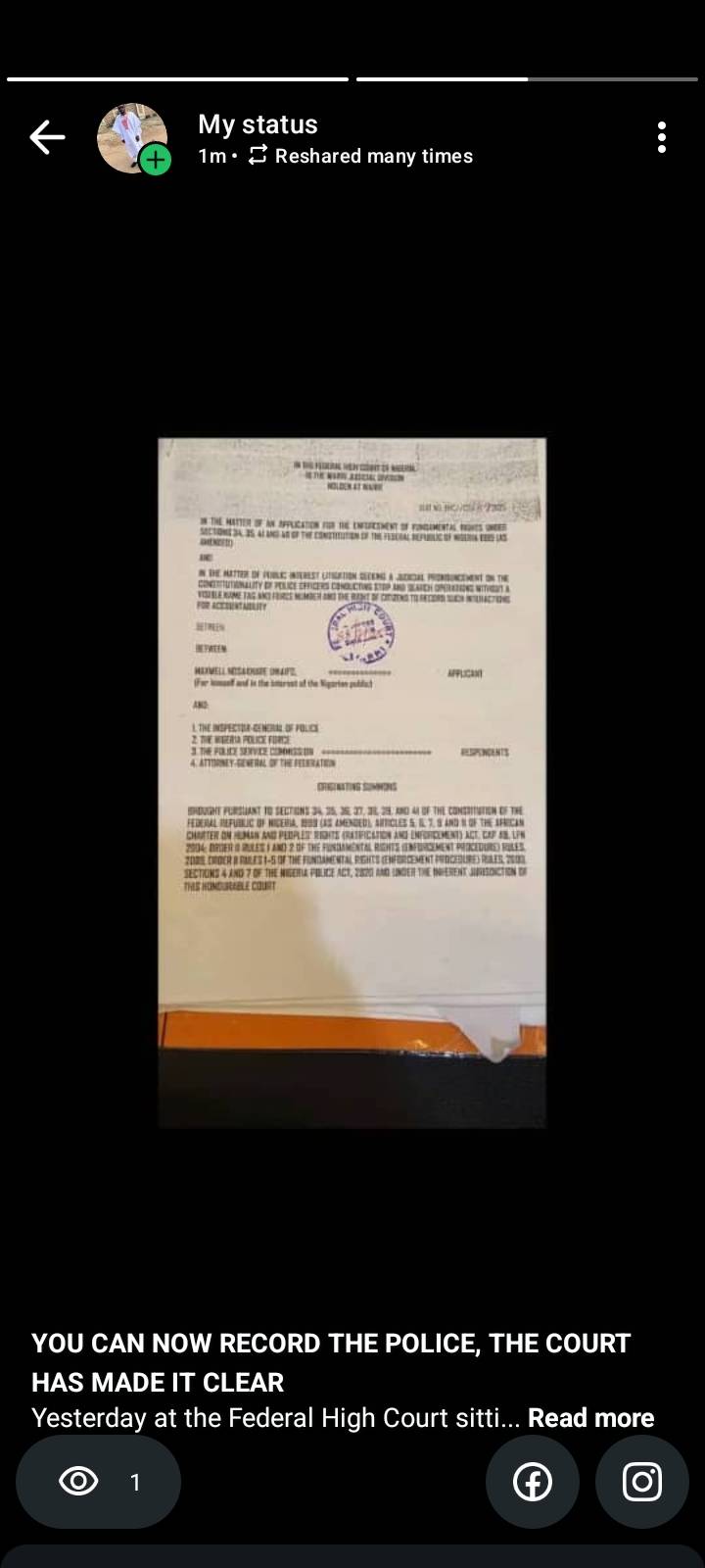 YOU CAN NOW RECORD THE POLICE, THE COURT HAS MADE IT CLEAR
Yesterday at the Federal High Court sitt...
