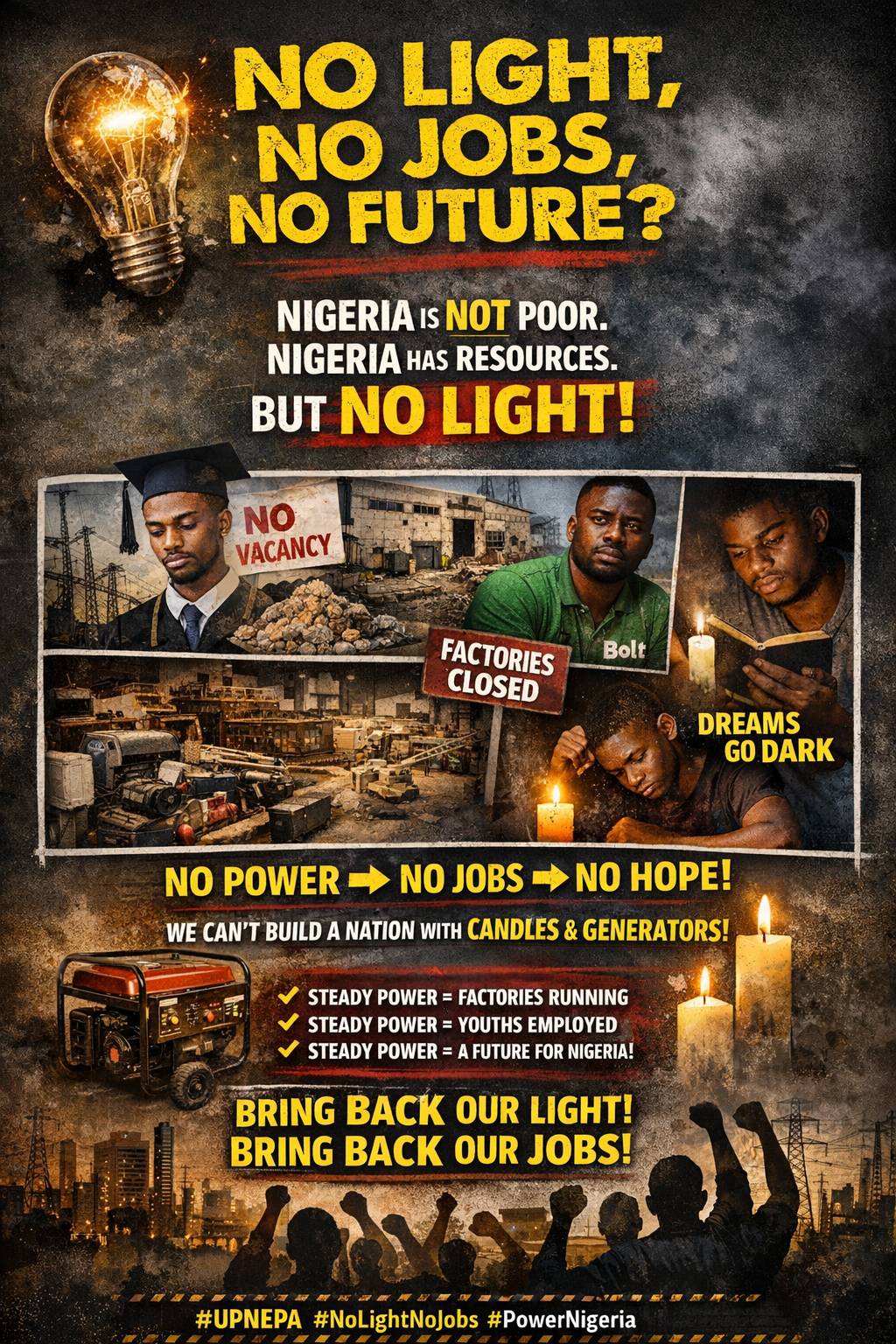 ⚡ NO LIGHT, NO JOBS — IS THIS THE REAL PROBLEM?
Nigeria’s youths are tired. No jobs. No stable elec...