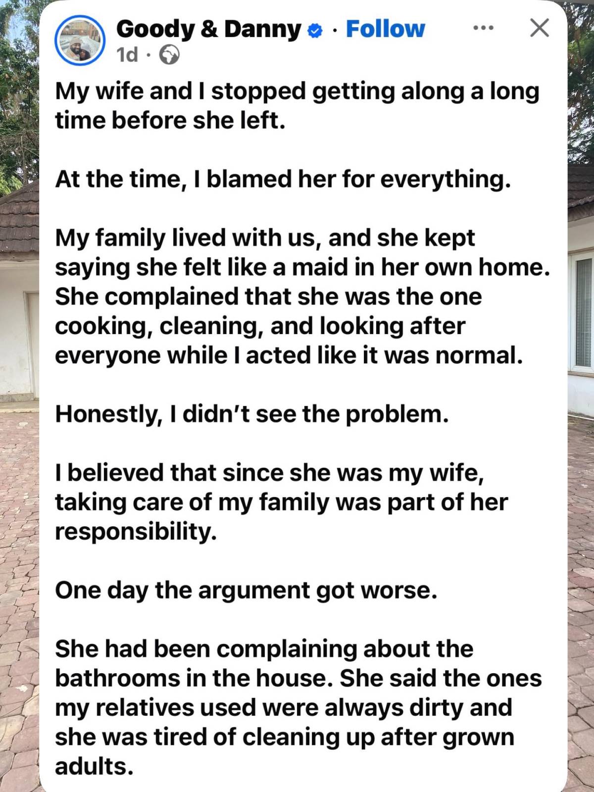 Do you support her leaving and will you allow family members in your house?