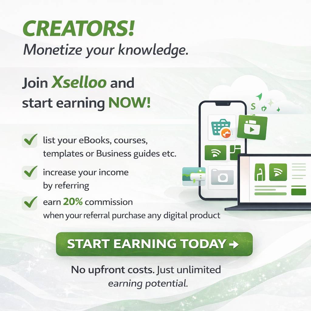 Your knowledge is valuable. Start earning from it.
On Xselloo you can:
✔️ List your eBooks, courses...