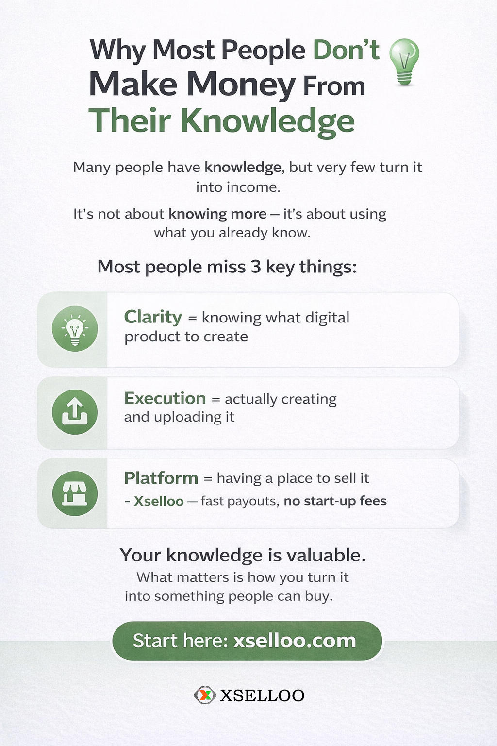Your knowledge is valuable.
Turn it into income.
#Xselloo #DigitalIncome #ContentCreators
๐ Xselloo...